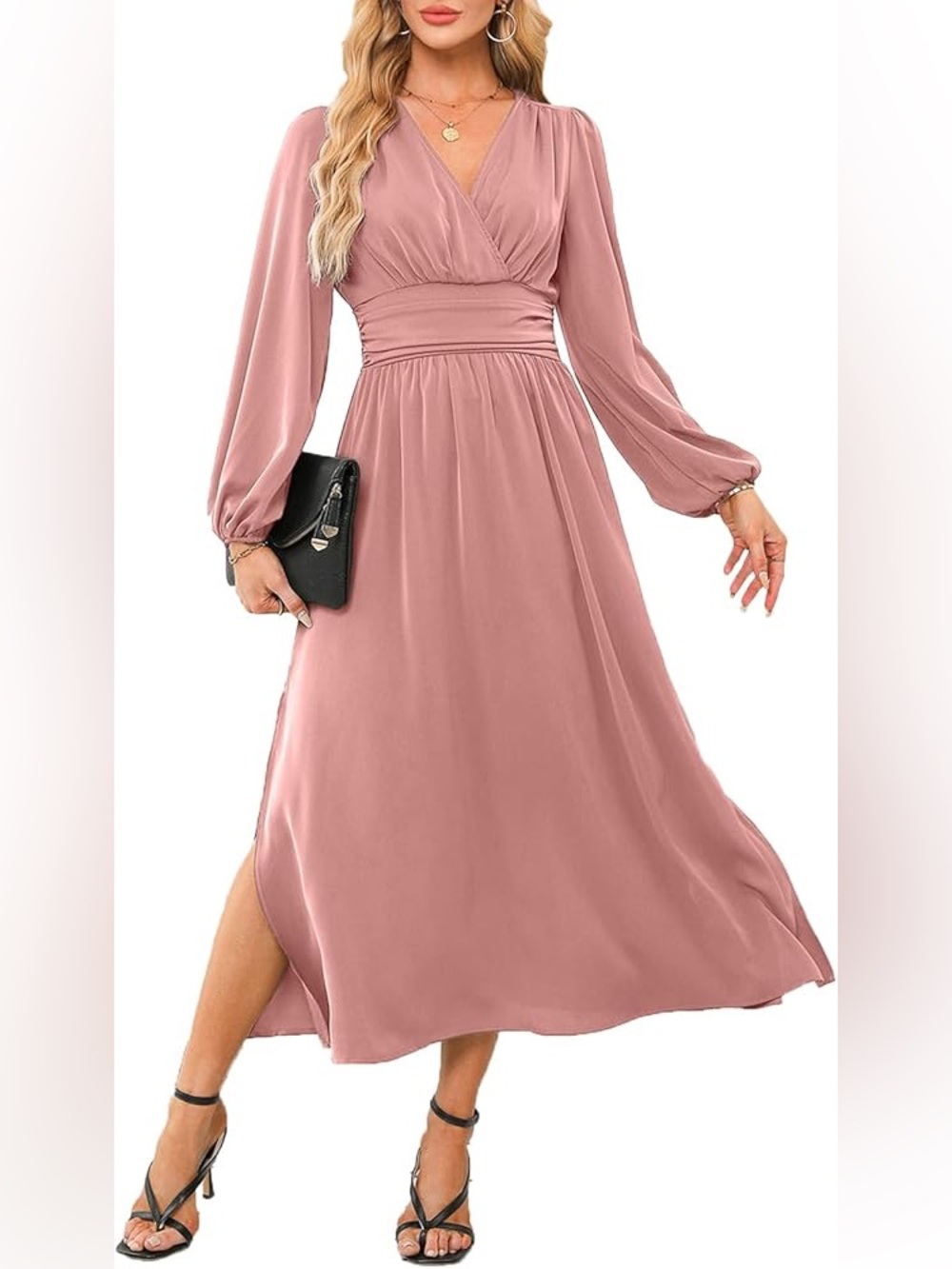 Dokotoo Wrap V-Neck Empire Waist Maxi Dress Lantern Sleeve Ruched Slit Pink XL